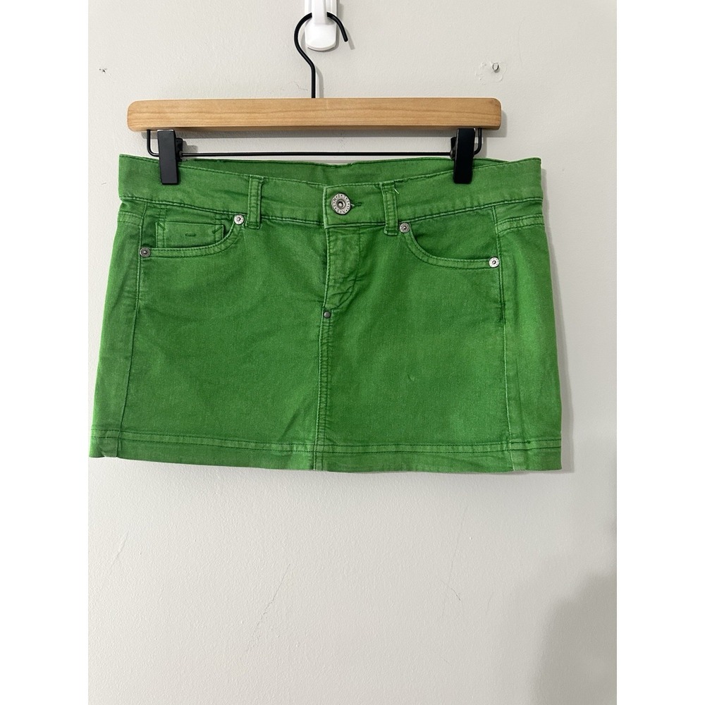 VINTAGE Y2K Benetton Jeans Bright‎ Green Denim Micro Skirt IT 44 (US 8) Low Rise
